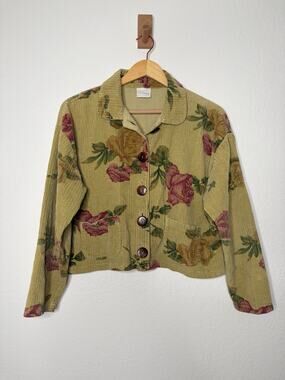 Vintage 90s Stamp Corduroy Green Floral Rose Button Up Jacket Size Small Boxy